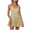 thumbnail image 2 of HKEJIAOI Robes Décontractées pour Femmes Robe d'Anniversaire Décontractée Confortable Taille Haute Col en V Petite Robe à Boucles Florales Camisole Rabais Liquidation Jaune, 2 of 6