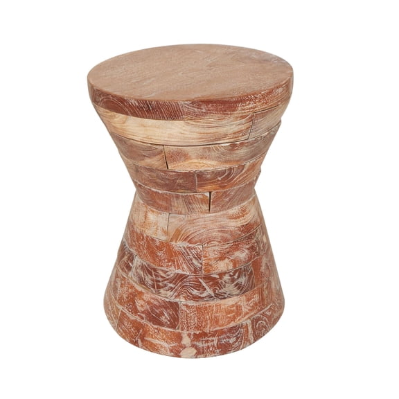 DecMode 14" x 19" Brown Teak Wood Handmade Hourglass Geometric Accent Table with Stacked Wood Pieces, 1-Piece