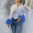 thumbnail image 2 of Womens Tee Fashion Solid Turndown Feather Long Sleeves Button Loose Womens formal Shirts,Blue,M, 2 of 5