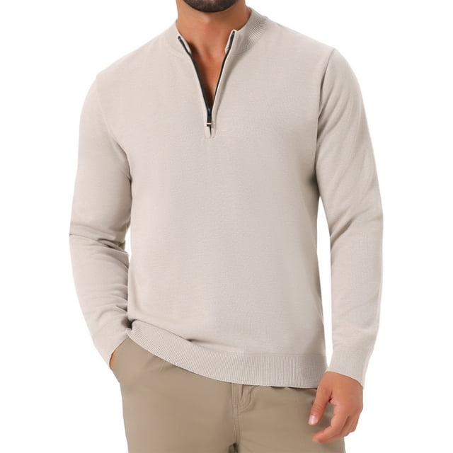 SUÉTER DE PULLOVER DE CUELLO ALTO PARA HOMBRE INSPIRE CHIC, SUÉTER DE POLO DE PUNTO DE COLOR BEIGE, CON CREMALLERA DE CUARTO