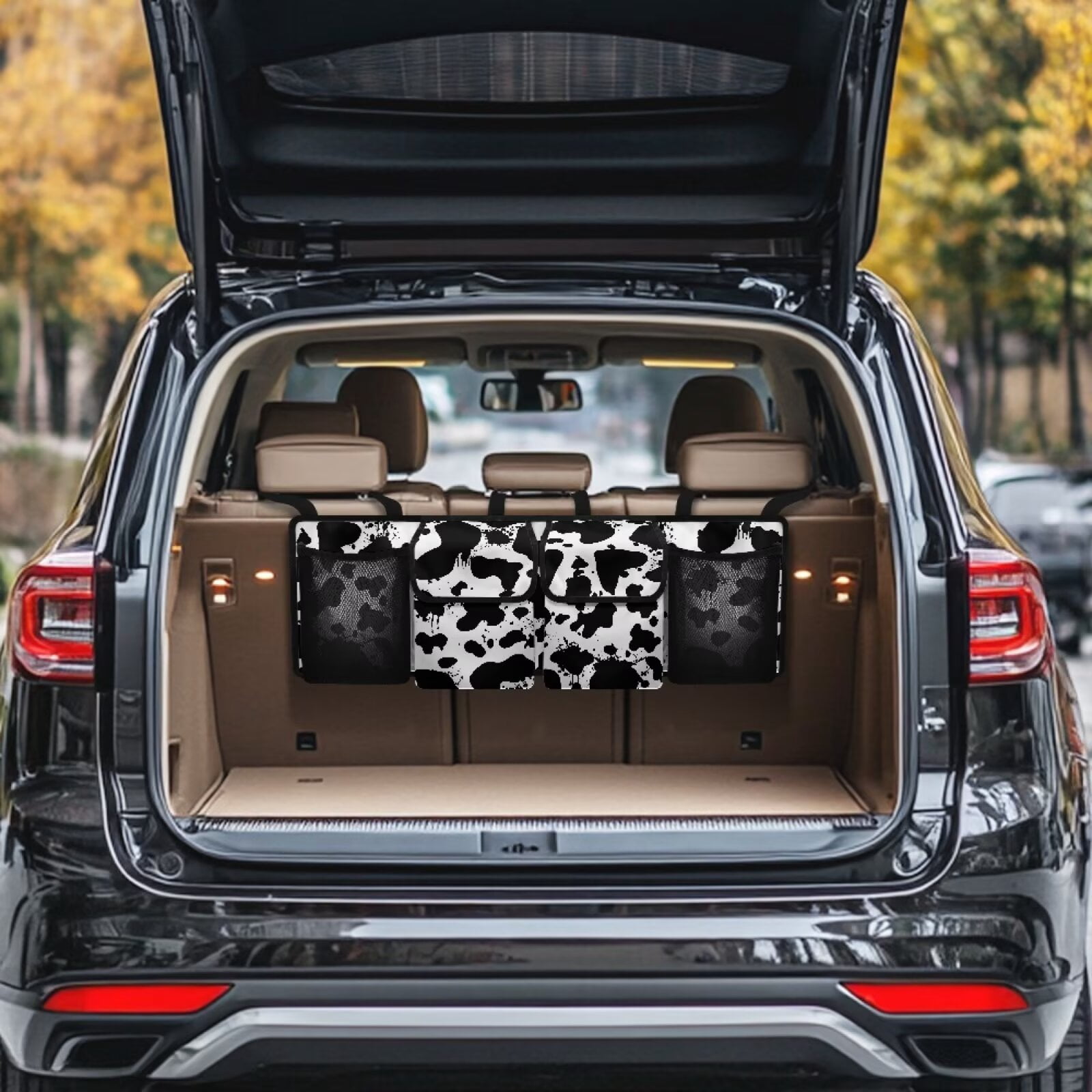 KUIFORTI Car Trunk Hanging Organizer, Cow Print Car Trunk Organizers for Women Car Interior Accessories with 2 Pockets & 2 Mesh Pouches, Will Provide More Space for SUV, MPVs, Trucks, Vans, Sedans
