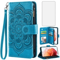 Compatible with Samsung Galaxy S22 5G Wallet Phone Case and Tempered Glass Screen Protector Flower Faux Leather Flip Credit Card Holder Stand Zipper Cell Cover for S 22 4G G5 6.1 inch Women Blue