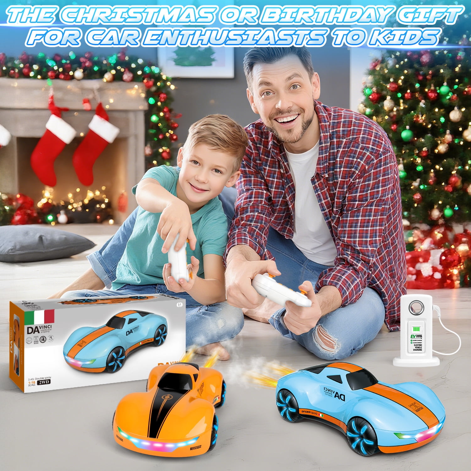 Huge Wave High Speed RC Car for Boys 4-12, 2.4GHz Drift Remote Control Car with Charging Station, Change Light, Dual Spray, 360° Rotate, Birthday Gifts for Kids, Blue