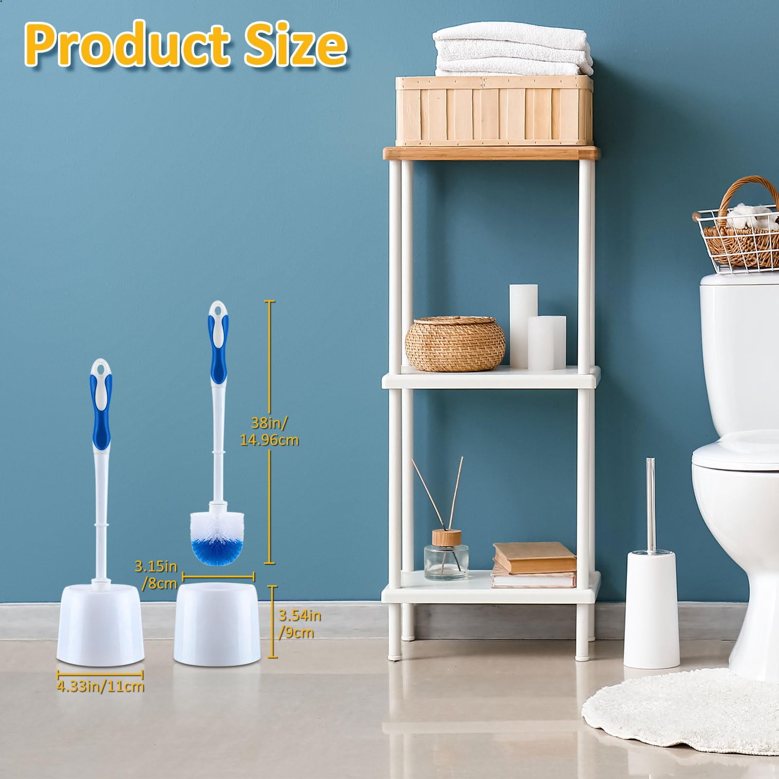 6 Pack Toilet Brush With Holder  14.96 Inch Bowl Set Stiff Bristles Scrubber For Deep Cleaning Base Bathroom Supplies (blue White)