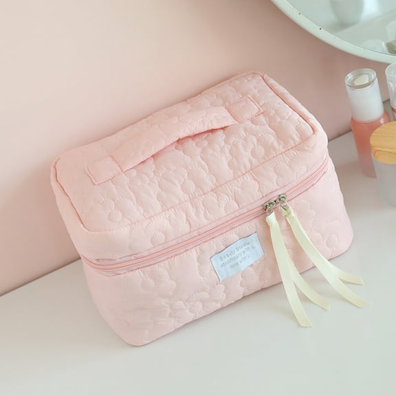 Ladies Makeup bag, Large Capacity Travel Makeup Bag, Portable Flat Large Opening Makeup Bag,Multifunctional Makeup Bag Organizer Toiletry Bag for Cosmetic Skincare Toiletries,Pink