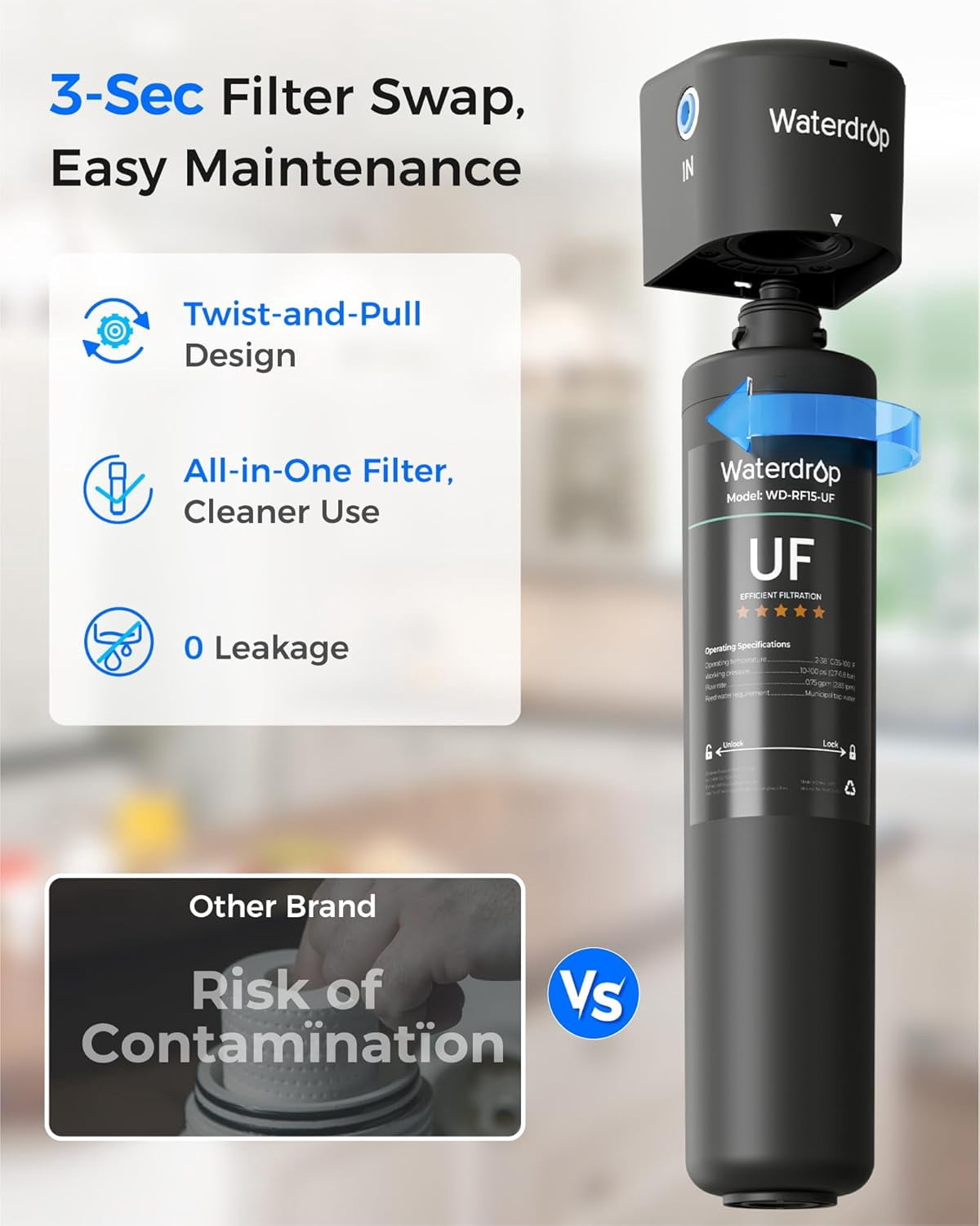 Waterdrop 15UB-UF Under Sink Water Filter System, 0.01 Micron Ultra Filtration Under Counter Drinking Water Filtration System, with Dedicated Brushed Nickel Faucet, 16K High Capacity, USA Tech