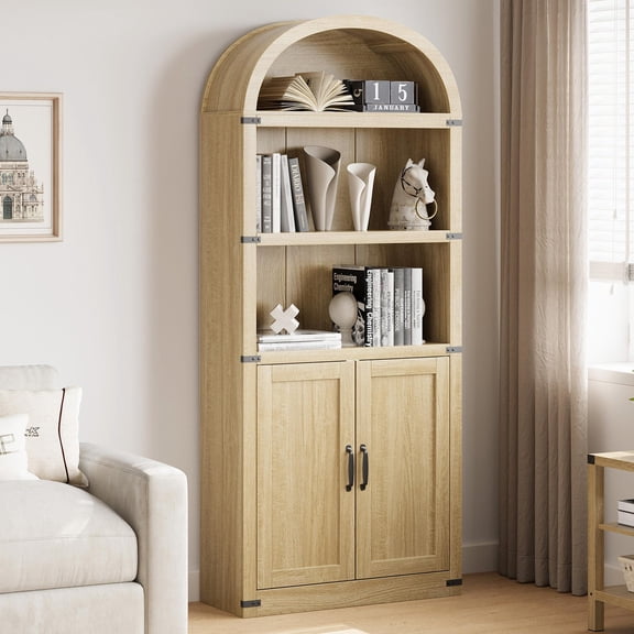 Light Oak 71.65 Inch Tall Arched Door Bookcase, Farmhouse Wooden Storage Shelf Display Cabinet for Home Office Living Room