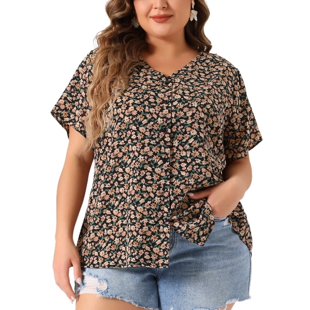 Blusas de mujer de tallas grandes Agnes Orinda, camisas de botones con flores, tops de cuello en V, blusa casual de manga con volantes 3X negra