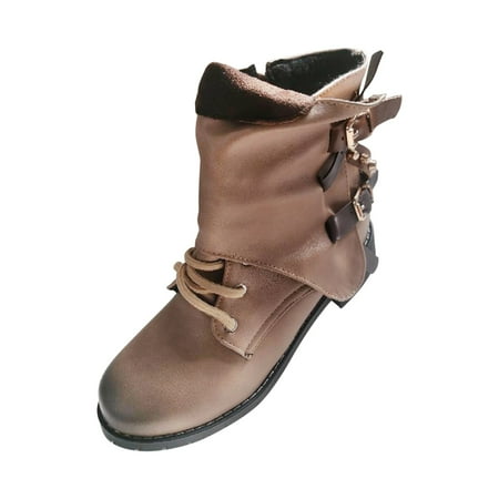 

jsaierl Women Low Heel Retro Lace Up Shoes Casual Belt Buckle Solid Color Cowboy Ankle Boots