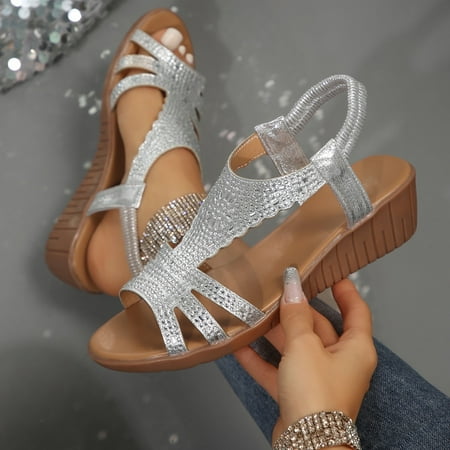 

XWQWJH Women Rhinestone Sandals T-Strap Buckle Bohemian Pearl Crystal Flat Sandals