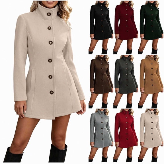 Viluyesy Womens Wool Coat Button Down Stand Collar Fitted Warm Winter Peacoat Pockets Beige Size M