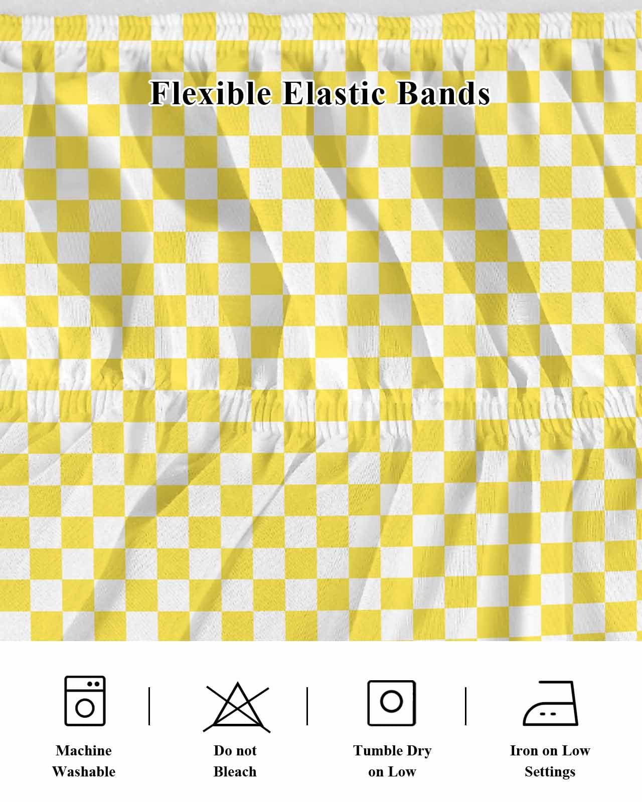 Yellow White Plaid Wrap Around Bed Skirts for Queen Bed 18" Drop,Bed Skirt with Adjustable Elastic Belt Dust Ruffle Bed Valance for Bedroom Hotel Modern Retro Geometric Checkered Bed Frame Cover