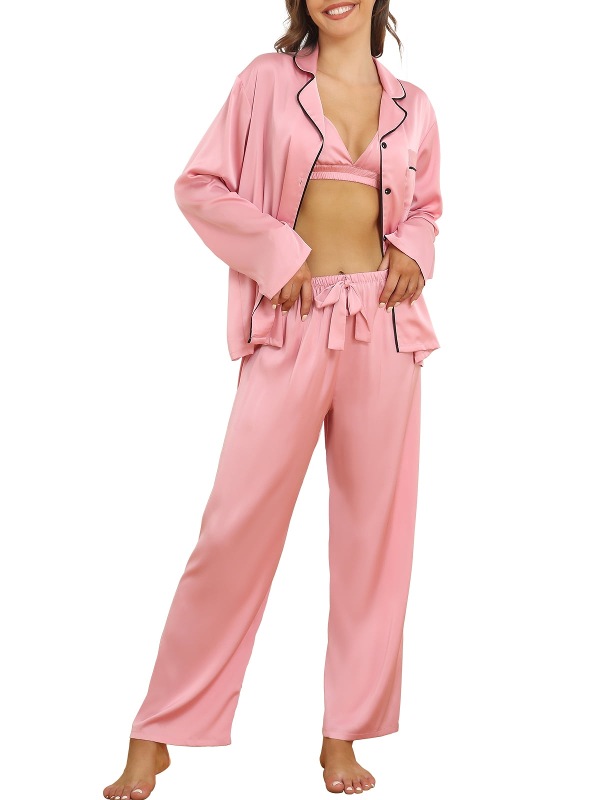 Silk Satin Pajama Sets for Women 3Pcs Pajamas with Bra Button Up Long