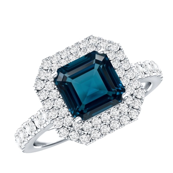 Rosec Jewels Art Deco London Blue Topaz Engagement Ring - 3 Carat - AAA Grade - Asscher Cut Blue Topaz Ring with Double Halo, 925 Sterling Silver, US 4.00