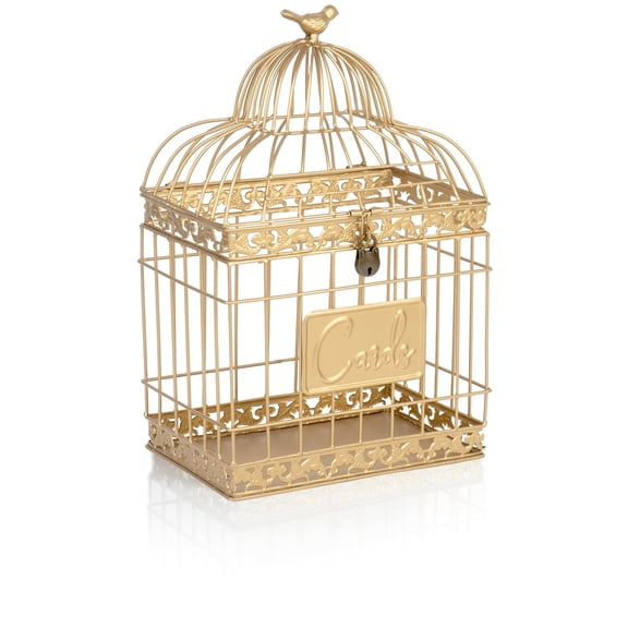 Red Co. 15.5" Decorative Lockable Metal Birdcage Wedding Card Holder, Gold