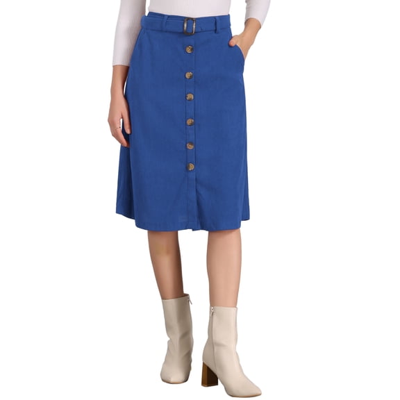 INSPIRE CHIC Women's Corduroy Skirt Back to School High Waist Button Front Belted Midi Skirt Royal Blue L