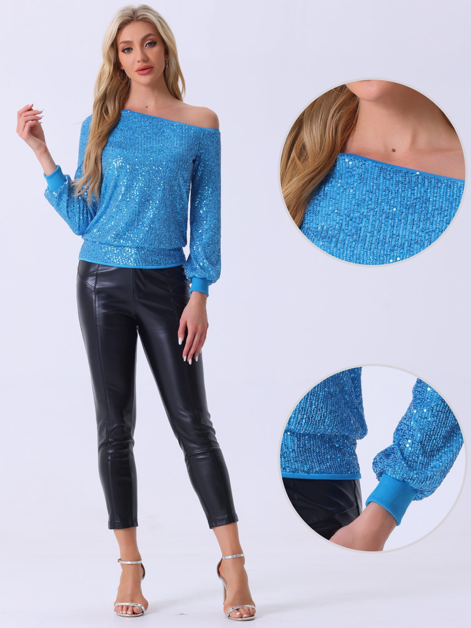 DARING DIVA Women's Off-Shoulder Long Sleeve Party Tops L Blue
