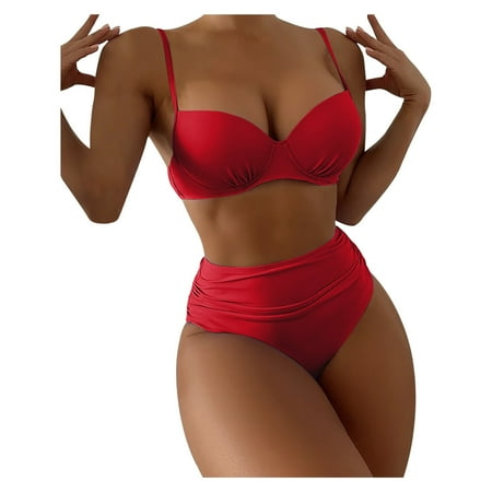 

VKEKIEO Two-Piece Sets Swimsuit Sport Bra Style Lift Red L