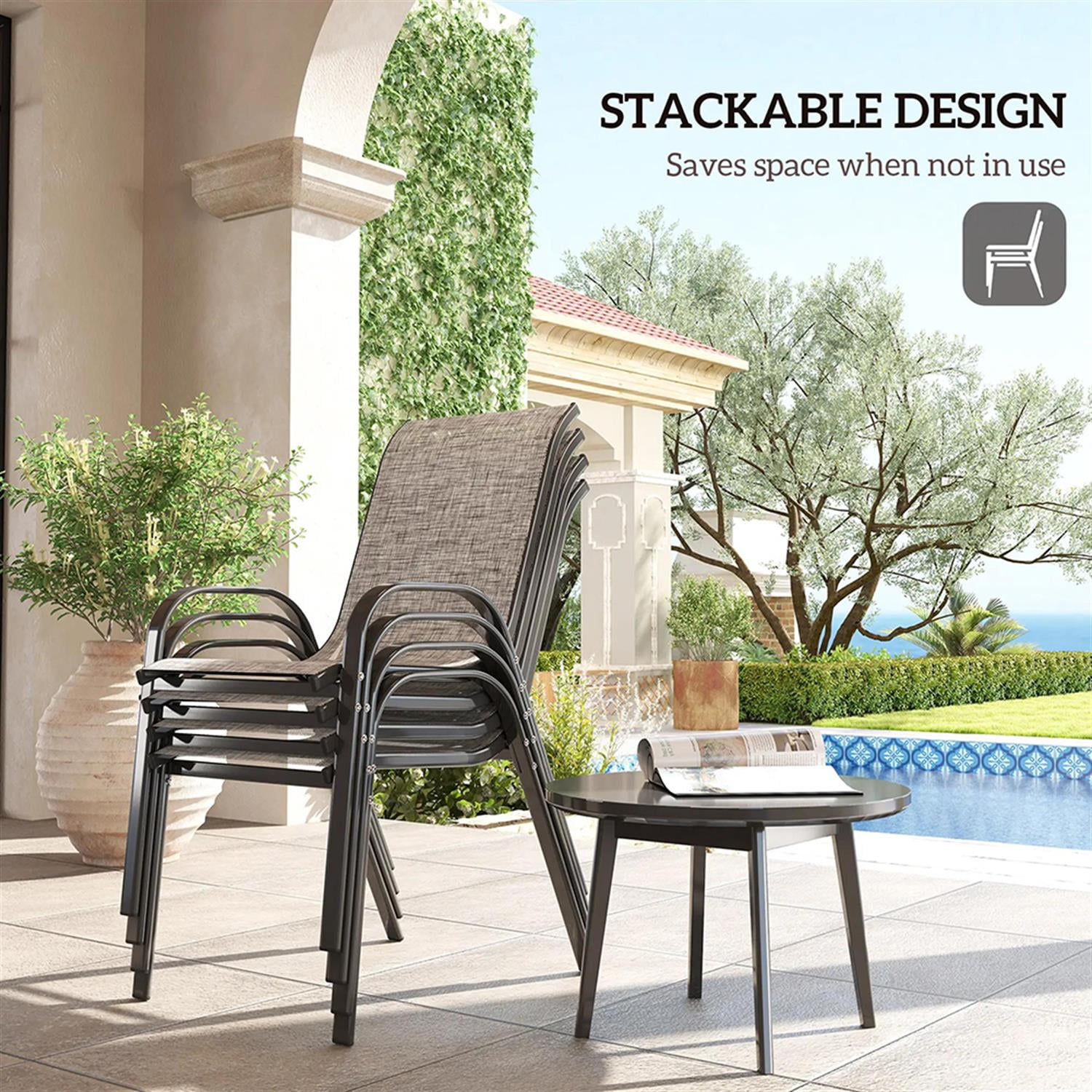 Demi Bonn Outdoor Dining Chairs Set of 4, Stackable Patio Chair with High Back, Breathable Mesh Seat for Garden, Backyard, Deck, Porch, Lawn, Gray