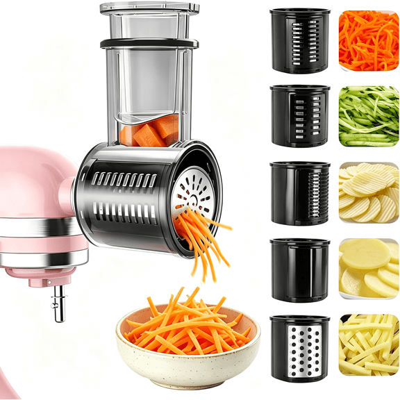 EXLEAF Slicer Shredder Attachments for Stand Mixers,5-In-1 Food Processor Shredder&Grater with Stainless Steel Detachable Blades,Food Chopper Grinding Powder for Mixer
