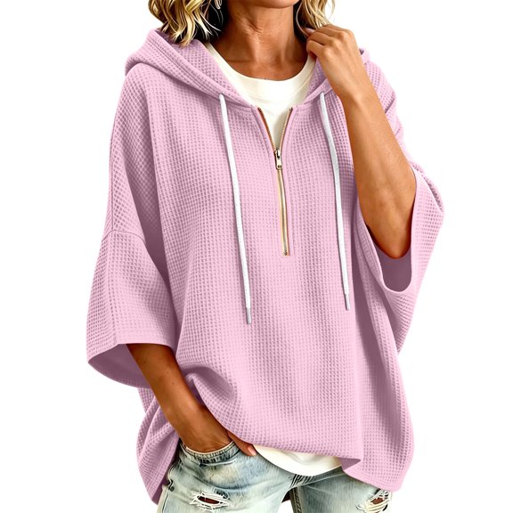 Perfectbot Women's Oversized Half Sleeve Hoodie Soft Waffle Knit Quarter Zip Pullover Casual Top