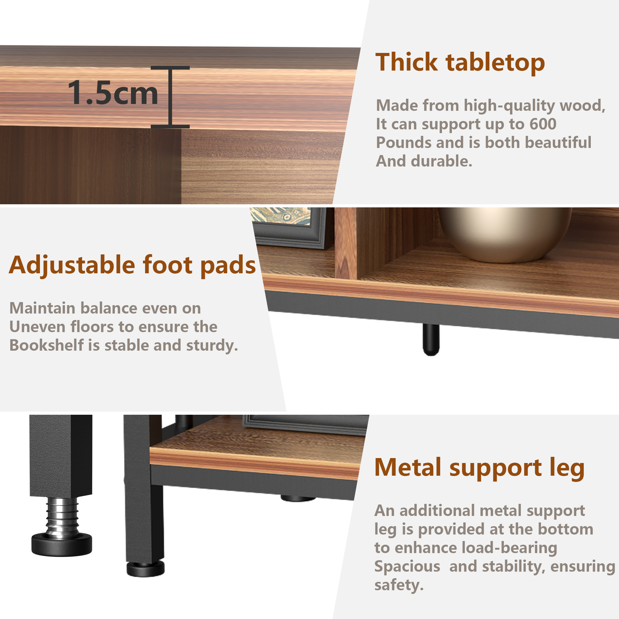 HOHYN Farmhouse 3 Tier Open Book Shelf, Wood and Metal 6 Cube Storage Organizer, Modern Low Horizontal Bookshelf for Bedroom Family, Long Wide Office Cubby Bookcase with Storage, Rustic Brown