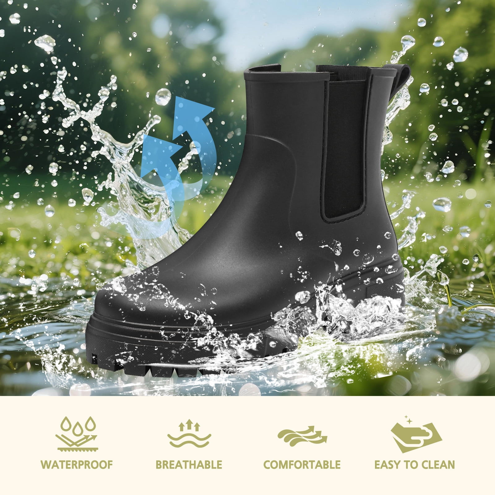 Lcamaw Women's Short Rain Boots, Rubber Waterproof Chelsea Boots for Women, Anti-Slipping Lightweight Comfortable Ankle Garden Outdoor Shoes
