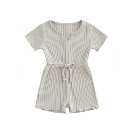 

Carolilly Baby Girls Ribbed Jumpsuit Lettuce Trim Solid Color Short Sleeve Romper Shorts for Toddler Summer Clothes