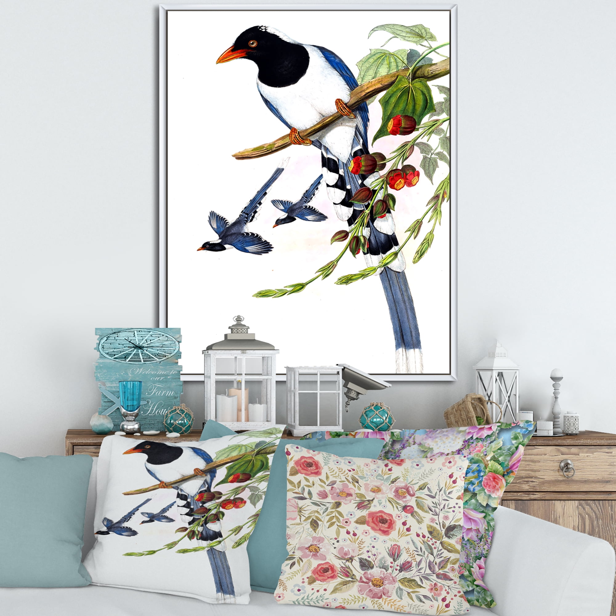 Designart 'Vintage Countryside Birds On Branch IV' Farmhouse Framed Canvas Wall Art Print