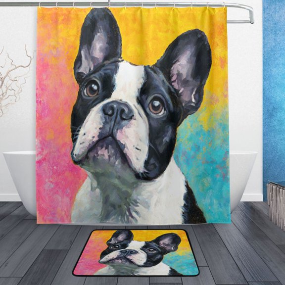TTYFWHD 60" x 72" Shower Curtain and Bath Mat Set Rainbow French Bulldog Canvas Waterproof Bathroom Curtain with 12 Hooks, Bathroom Decor Set