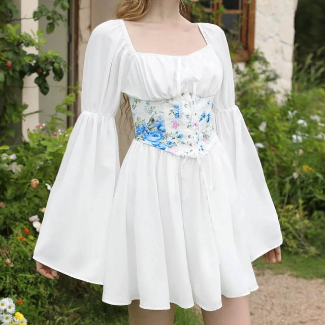 FcBaudy Robe de Cour, Robes pour Femmes, Robes d'Été pour Femmes Mode Femmes Décontractée Patchwork Épaule Taille Haute Manches Longues Mi-Mollet Robe Robe de Cour