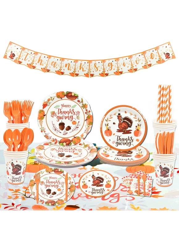 130 Pieces Thanksgiving Tableware Set - Disposable Dinnerware Set for 16 Guests - Include Plate, Cup, Napkin, Cutlery, Tablecloth, Straws, Autumn, Thanksgiving Party Supplies