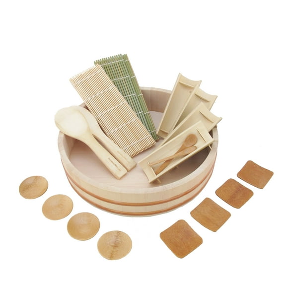BambooMN 13" Sushi Oke Tub Hangiri with 19 Pieces Sushi Making Serving Accessory Kit