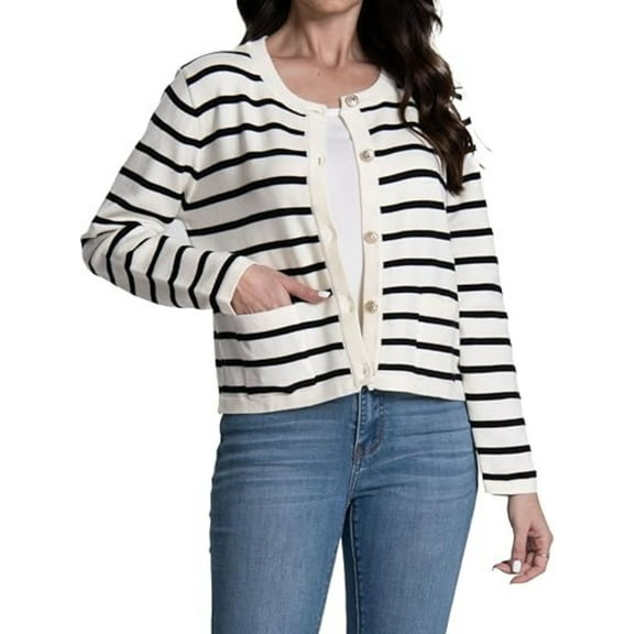 Women's Striped Cardigan Sweaters Trendy Long Sleeve Crew Neck Button Open Front Loose Lightweight Knit Crop Sweater