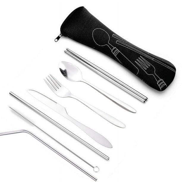 Namzi -a - Vajilla de viaje portátil de 7 piezas con estuche, juego de cubiertos reutilizables de acero inoxidable con estuche, juego de cubiertos de viaje con estuche, color negro