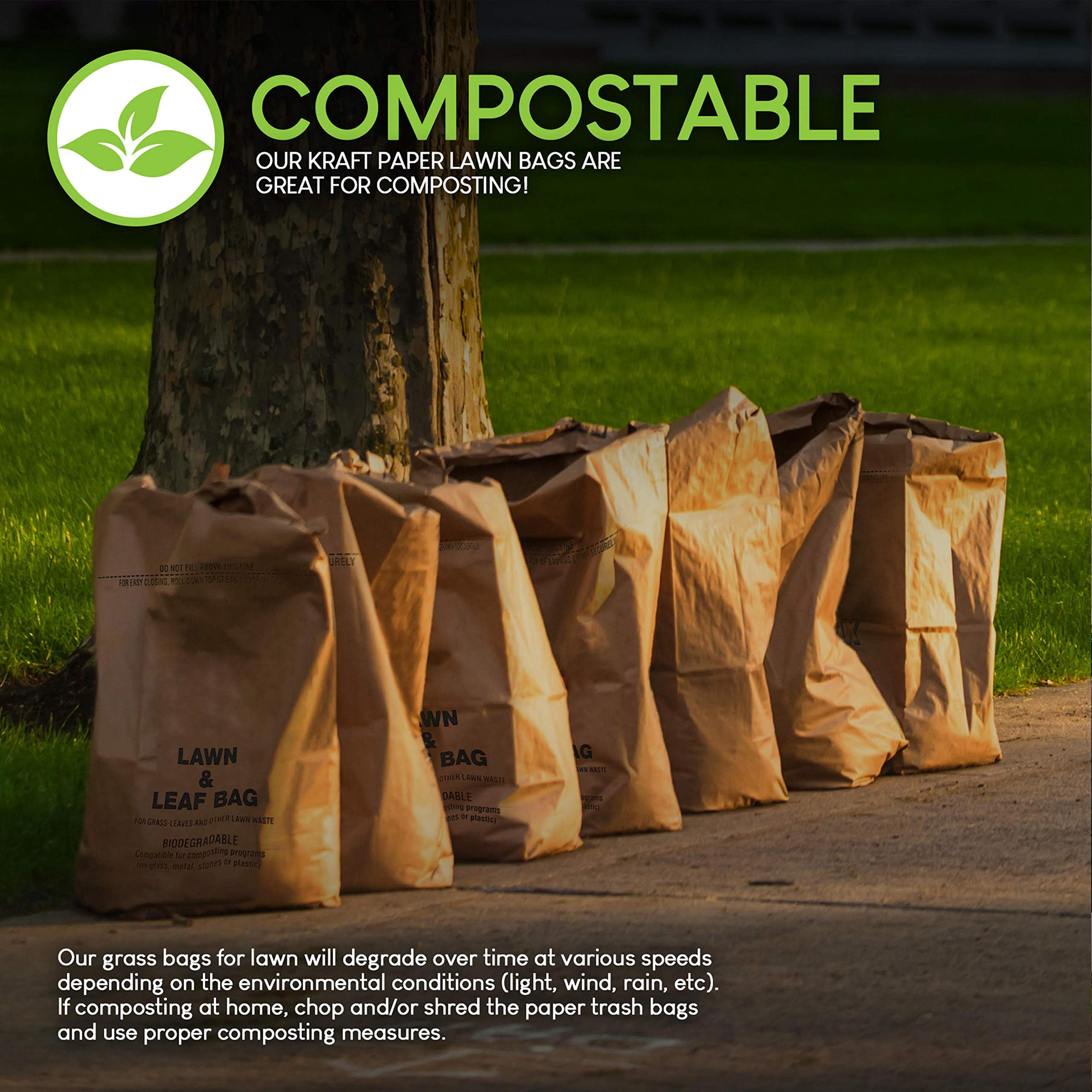 30 Gallon Kraft Lawn and Leaf Bags (10 Pack) Eco-Friendly Heavy Duty Large Paper Trash Bags, Tear Resistant Yard Waste Bags for Grass Clippings, Wet and Dry Leaves, Weeds, Twigs