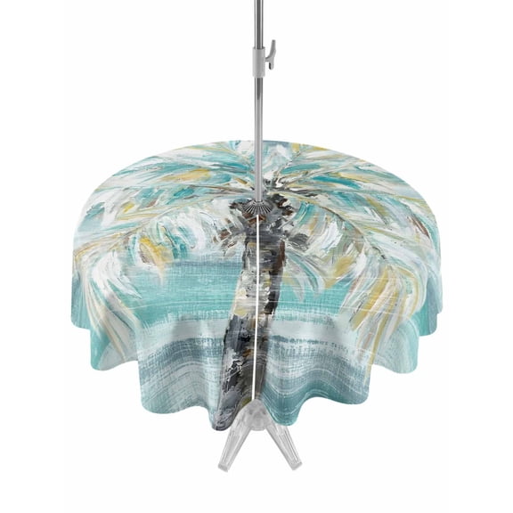 Outdoor Tablecloth with Umbrella Hole for Patio/Picnic/Party/Camping, Teal Palm Tree Waterproof Table Cloth Round Cover Washable, Seaside Coastal Tree Tropical Botanical (Dia 54")
