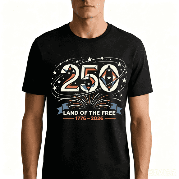 American 250 Land of the Free 1776-2026 100% Cotton Unisex Alpha T-Shirt US, X-Large, Regular Black
