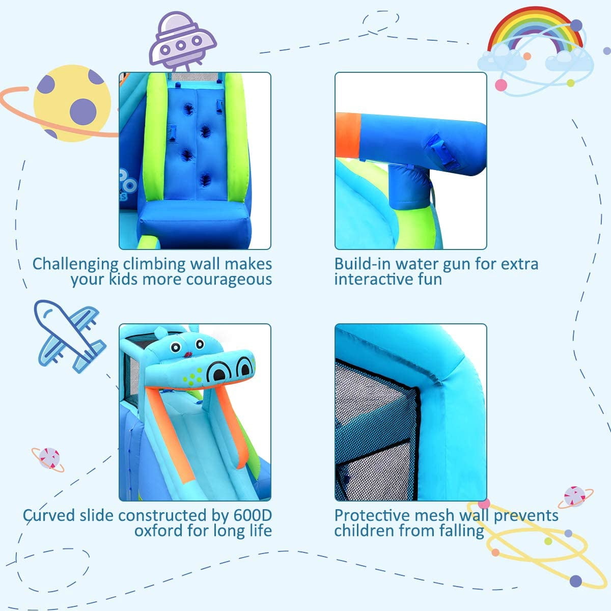 OLAKIDS Inflatable Water Slide, Hippo Themed Bouncer Castle with Slide, Splash Pool, Climbing Wall, Water Blaster, Kids Outdoor Water Park with Hose, Carry Bag, Blower