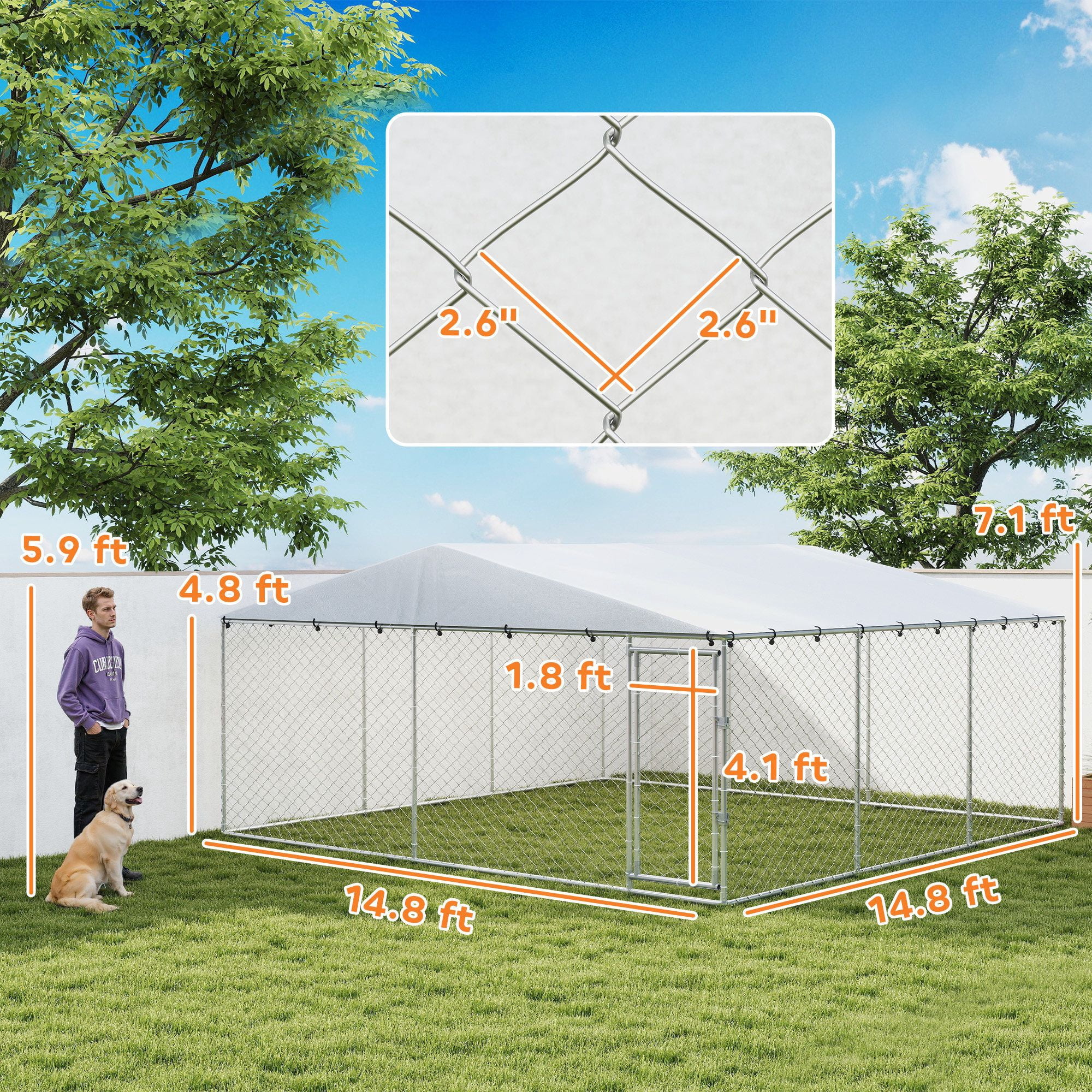 Dranite 15' x 15' x 7' Outdoor Dog Kennel, Waterproof Roof, Silver