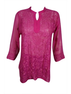 Mogul Womens Beautiful Magenta Pink Floral Hand Embroidered Tunic Blouse Long Sleeves Georgette Sheer Kurti Cover Up Top Dress S/M