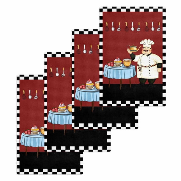 Chef Kitchen Dish Towels for Drying Dishes Set of 4, Cartoon Red Food Cooking Black White Buffalo Check Waffle Weave Microfiber Hand Tea Bathroom Towels Quick Dry & Absorbent Towel 15.7x23.6