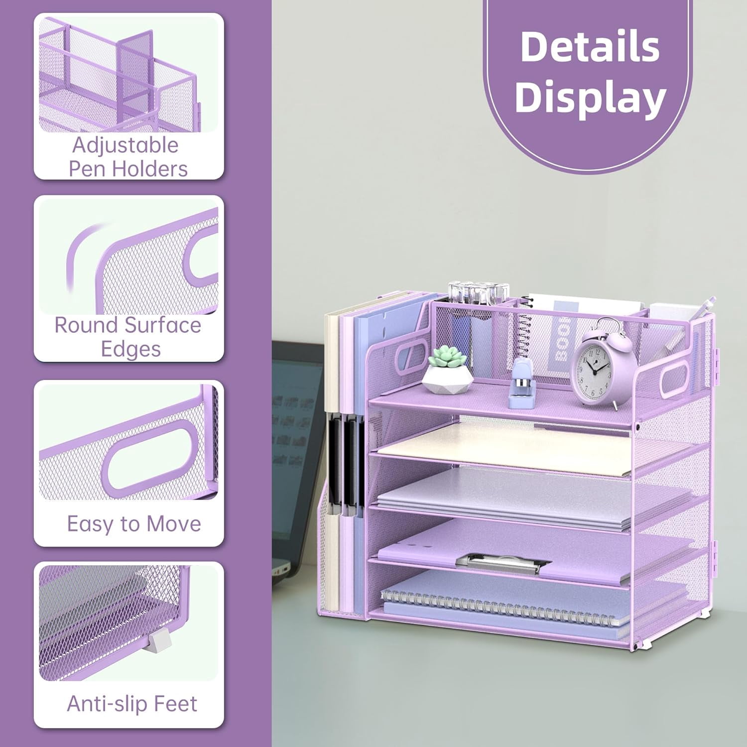 INTIGE 5-Tier Desk Organizer with 3 Pen Holders, Desktop Organizer with Magazine File Holder, Mesh Office Accessories