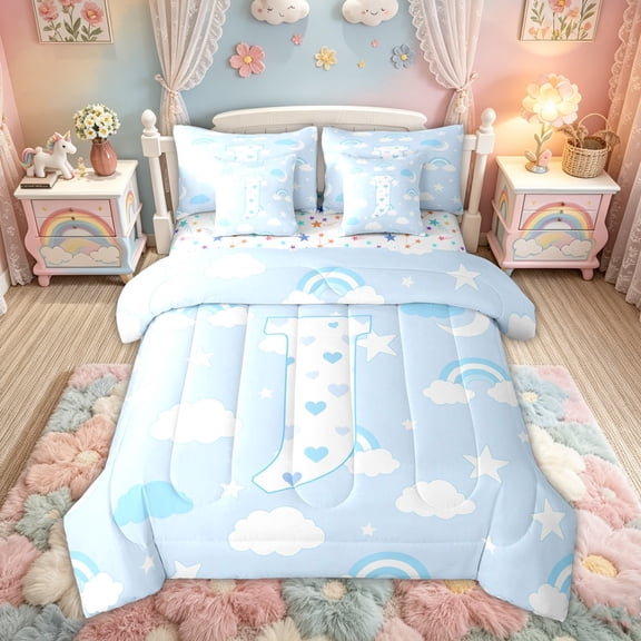Feelyou Cartoon Dinosaur Letter A Print Twin Bedding Sets for Boys Girls, Cute Animal Bedding Comforter Set, Blue, Colorful Stars Reversible, 7pcs
