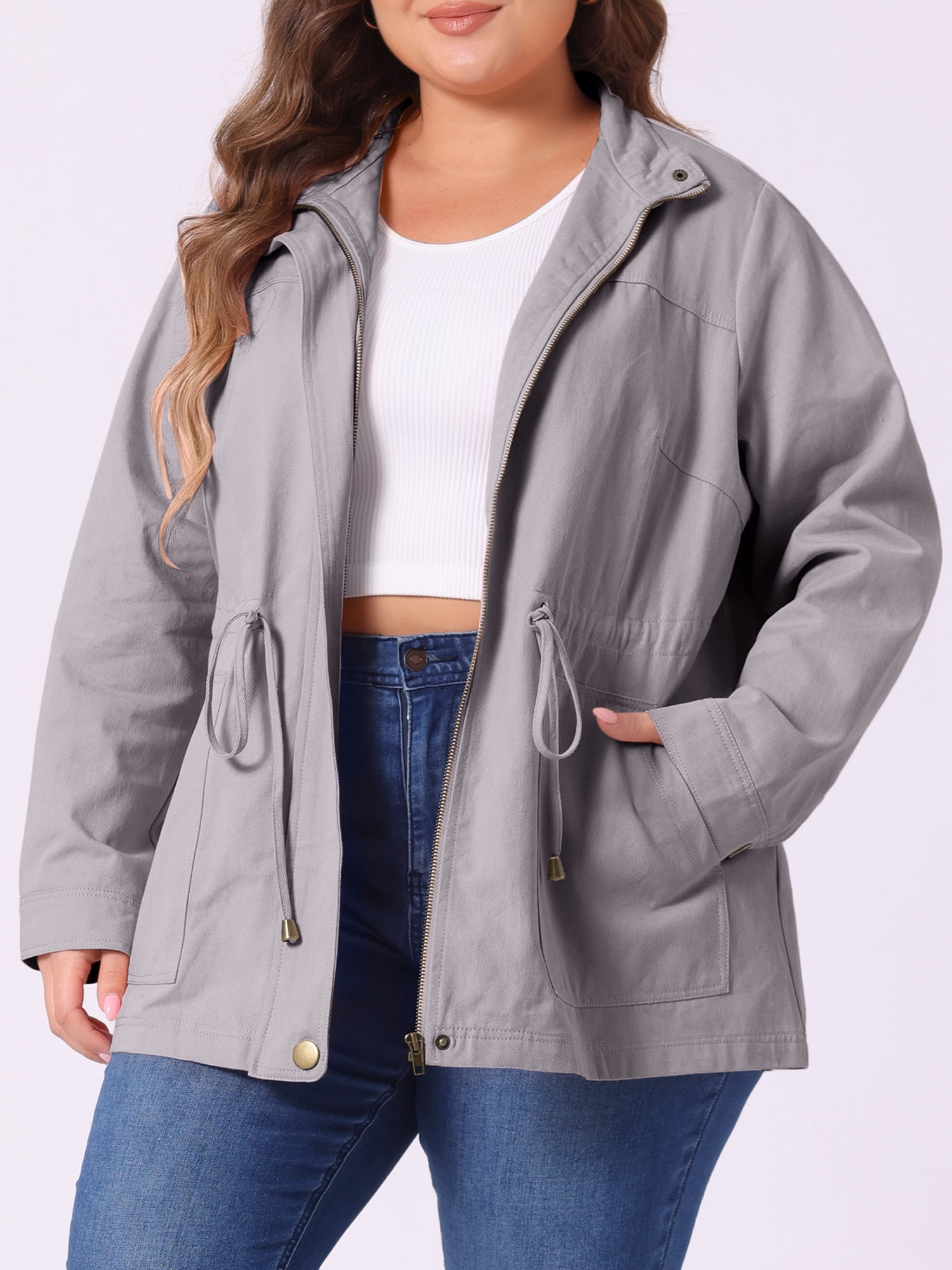 DARING DIVA Women's Plus Size Drawstring Waist Zip-up Utility Jacket 2X Light Grey