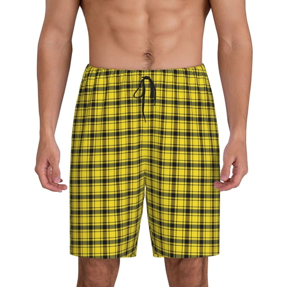 Logiee Yellow Checkered Plaid Print Men's Pajama Shorts with Drawstring & Pockets,Sleep Shorts for Men,Sleepwear Bottoms,Elastic Waistband Loungewear-Small