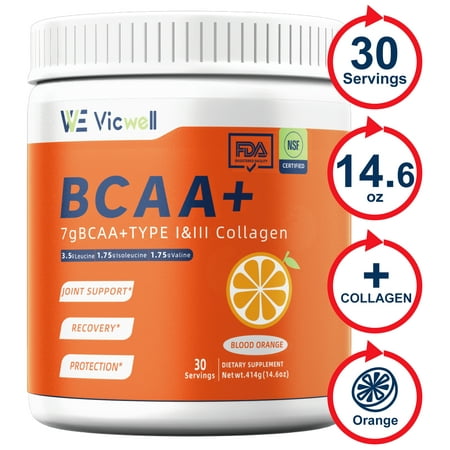 VICWELL BCAA Powder Supplement Italian Blood Orange, Sugar-Free Plus Collagen & Vitamin C, 7g 30 Servings