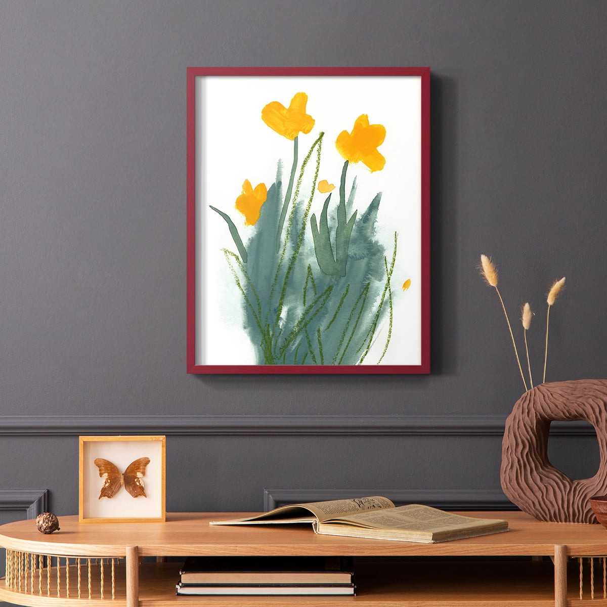Daffodil Bunch I Framed Print in Red Solid Wood Framed Print No Nail Hanging