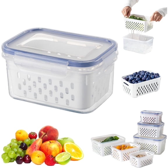 Household Transparent Plastic Food Storage Box-Including Drain Basket, Leak Proof & Freshness Fridge Organizers and Storage with Removable Colander (Blue, 6.1 * 4.13 * 3.15in)