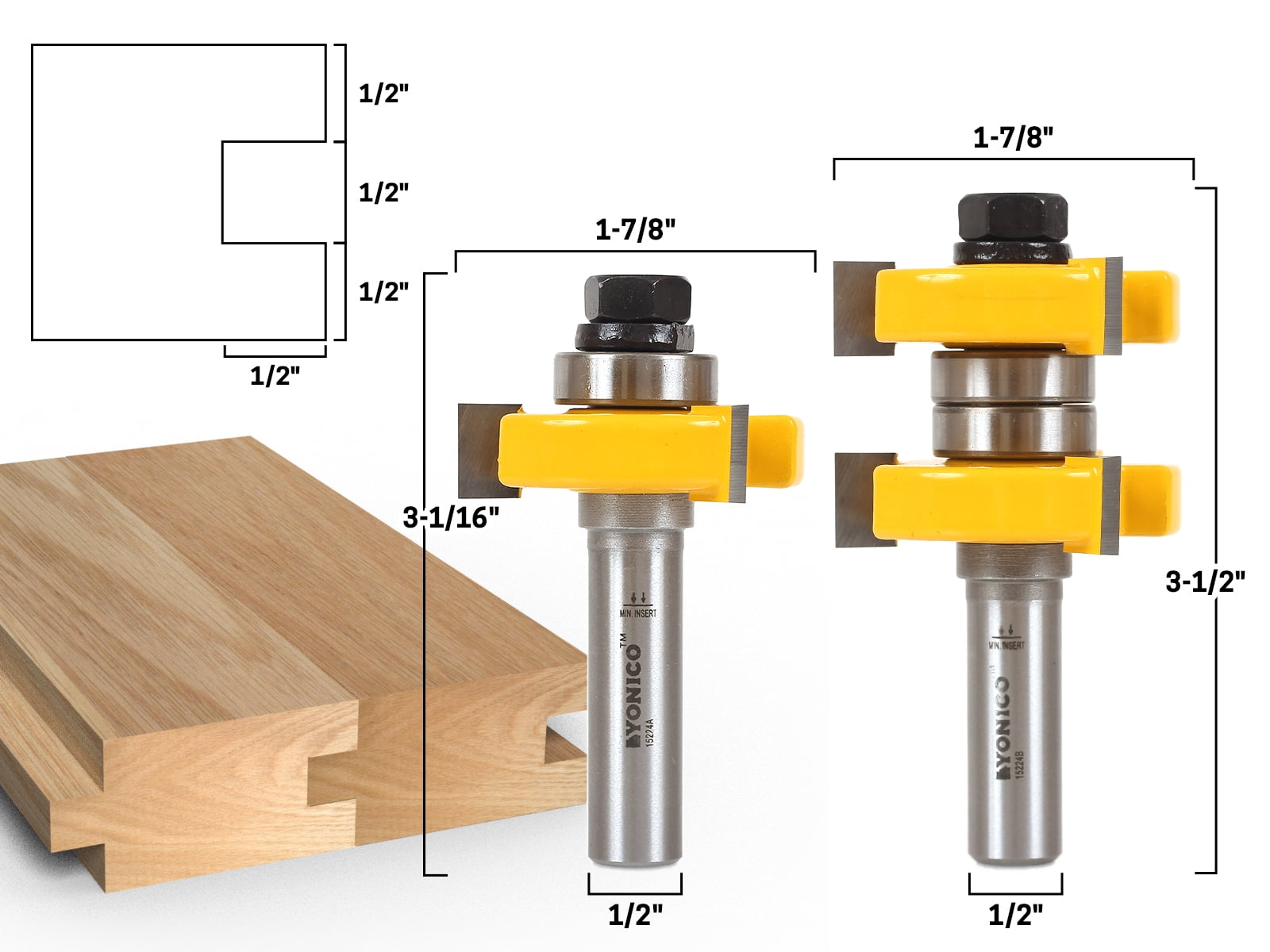Yonico 15223 Matched Tongue and Groove Router Bit Set with Edge Banding 1/2-Inch Shank